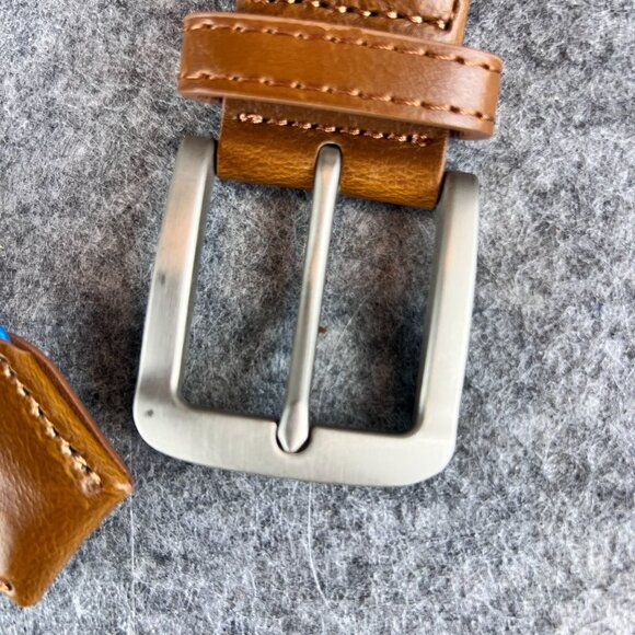 Woven Rainbow Multicolor Elastic Braided Belt Silver Buckle Brown Leather Trim - Picture 13 of 13